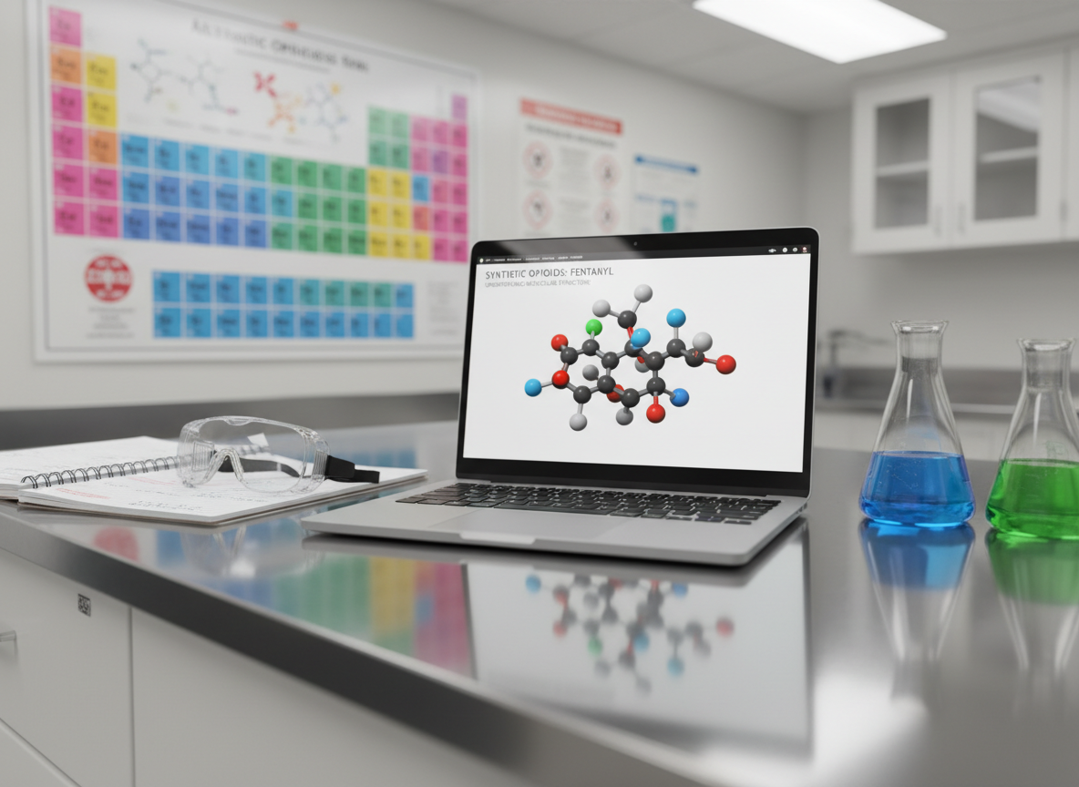 A dramatic yet clean photographic image of a high school chemistry lab workstation, featuring a large periodic table poster, safety goggles resting on an open notebook, and a sleek laptop displaying a colorful molecular model related to synthetic opioids. The lab bench holds organized glassware—flasks and beakers filled with harmlessly tinted blue and green liquids—under bright, even fluorescent lighting. Reflections on the glass and metal surfaces add clarity and precision. The composition is shot from a three-quarter angle, with the laptop screen in sharp focus and the background of lab cabinets and safety posters subtly blurred. The mood is inquisitive and academic, underscoring scientific understanding of fentanyl and counterfeit drugs as part of youth education, without any depiction of drug consumption or people.