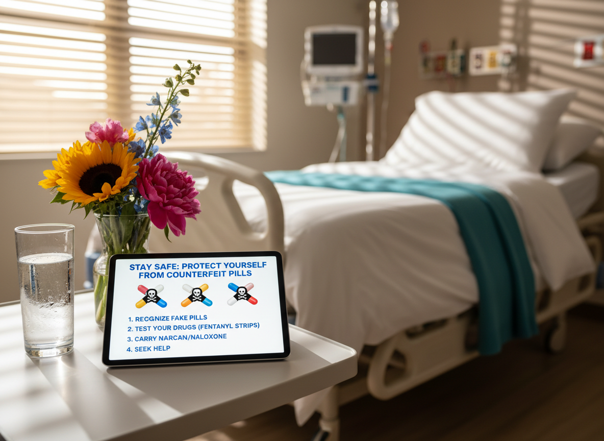 A supportive healthcare scene in photographic realism showing a neatly made hospital bed with crisp white linens and a folded teal blanket, positioned beside a modern bedside table holding a glass of water, a digital tablet open to an illustrated educational chart about counterfeit pills, and a small vase of fresh, colorful flowers. Warm, diffused afternoon light filters through partially closed blinds, casting soft stripes of light across the room and creating a soothing, hopeful atmosphere. The composition is eye-level, with the tablet screen as the focal point and the medical equipment in the background subtly out of focus. The overall mood is caring and reassuring, emphasizing access to information and compassionate healthcare for those affected by fentanyl-related emergencies, without showing any patients or graphic content.