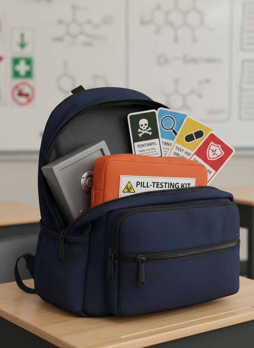 A close-up, photographic image of a sturdy, navy-blue backpack unzipped on a light wooden school desk, revealing a neatly organized interior with a bright orange pill-testing kit, a small locked metal safe box, and informational cards with icon-based graphics about fentanyl risks. Soft overhead classroom lighting creates even illumination, with subtle reflections on the metal lock and gentle shadows along the backpack’s fabric folds. In the blurred background, a whiteboard covered in abstract diagrams and safety symbols suggests a health lesson. Shot from a slightly elevated angle with a shallow depth of field, the mood is responsible, supportive, and educational, emphasizing preparation and awareness for youth without depicting any substances or people.