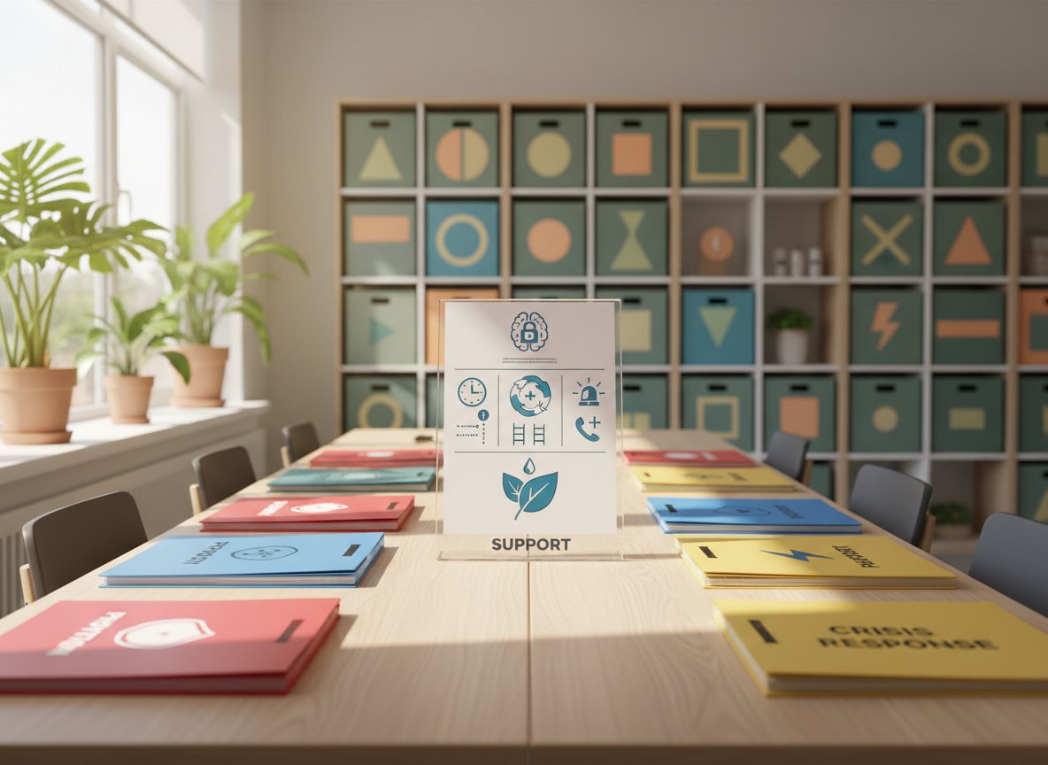 A bright community resource room depicted in photographic realism, with a long, light-wood table covered in color-coded folders, each with bold icon-based labels for topics like prevention, support, and crisis response. At the center, a clear acrylic stand holds an illustrated fentanyl awareness poster featuring large symbols, timelines, and diagrams instead of text. Sunlight pours through large windows, illuminating potted greenery on the windowsill and creating soft, natural highlights on the table’s surface. The background shows softly blurred shelves with neatly stacked boxes labeled only with simple shapes and colors. Shot from a wide, slightly elevated angle, the scene feels organized, welcoming, and empowering, emphasizing that information and help are accessible to youth and communities without any depiction of drug use.