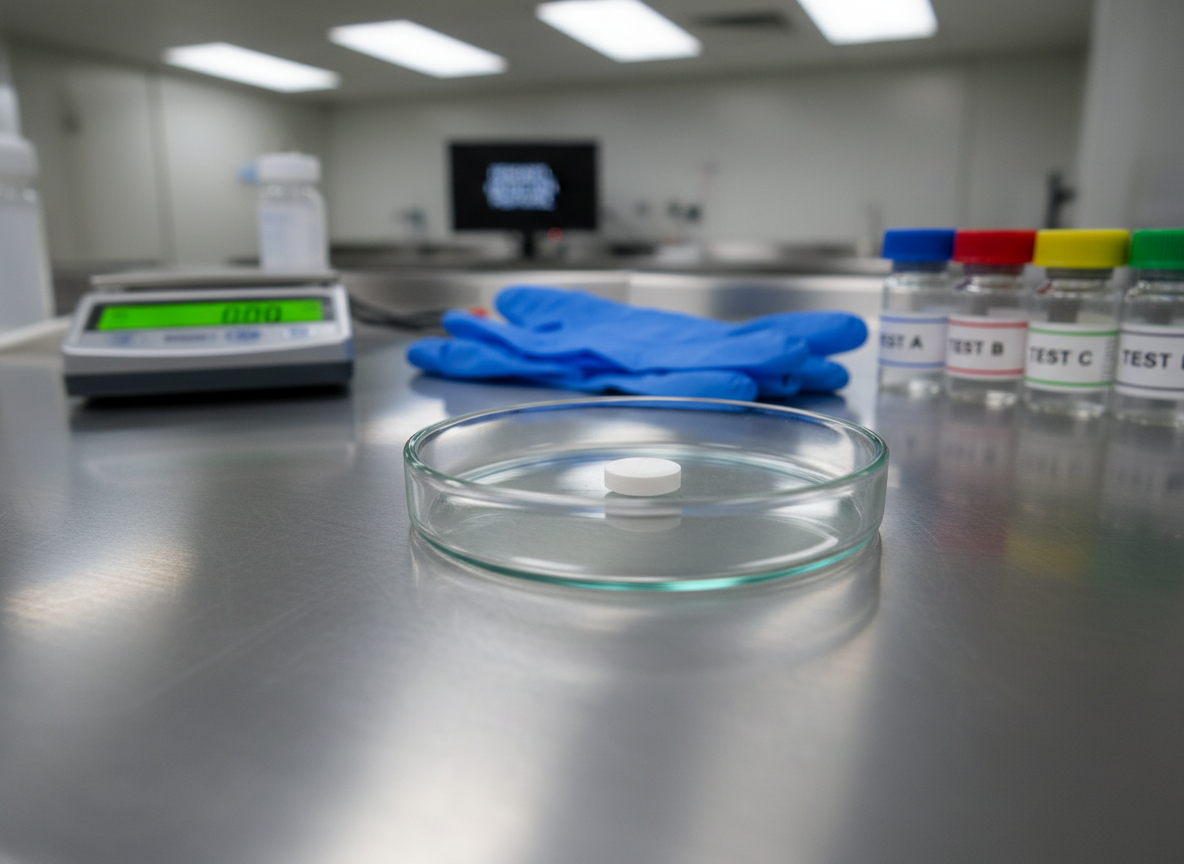 A photographic, highly detailed close-up of a single, unbranded white pill resting in the center of a transparent laboratory petri dish on a smooth, stainless steel lab bench. Surrounding the dish are carefully arranged, out-of-focus lab tools: a digital scale, nitrile gloves, and a line of small labeled vials with colorful caps. Cool, diffused overhead lab lighting creates crisp reflections on the metal and glass surfaces, with the pill in sharp focus and the background softly blurred. The mood is serious, clinical, and analytical, highlighting scientific testing and detection related to fentanyl contamination, while remaining non-graphic and purely educational. Composition follows the rule of thirds, emphasizing precision and a clean, professional aesthetic.